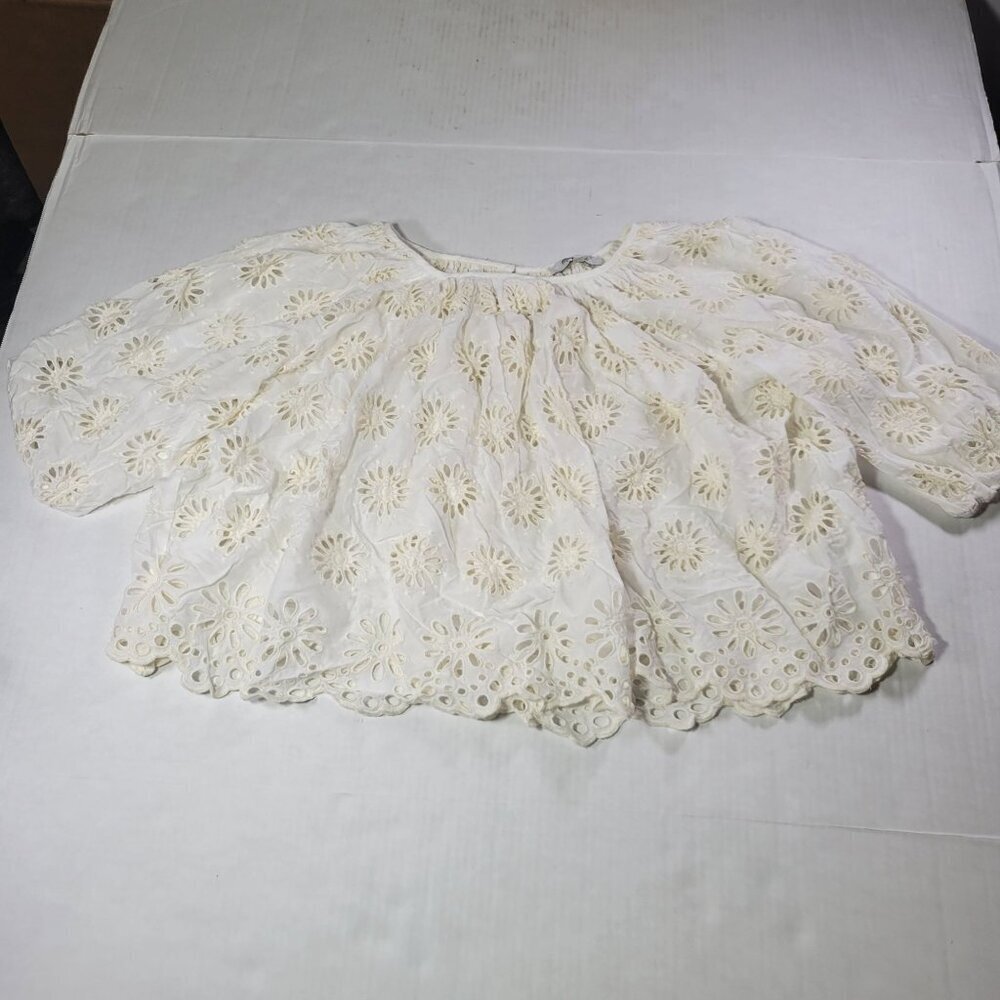 Madewell Women White Eyelet Embroidered Cotton Shirred Sleeve Blouse Top Size XS